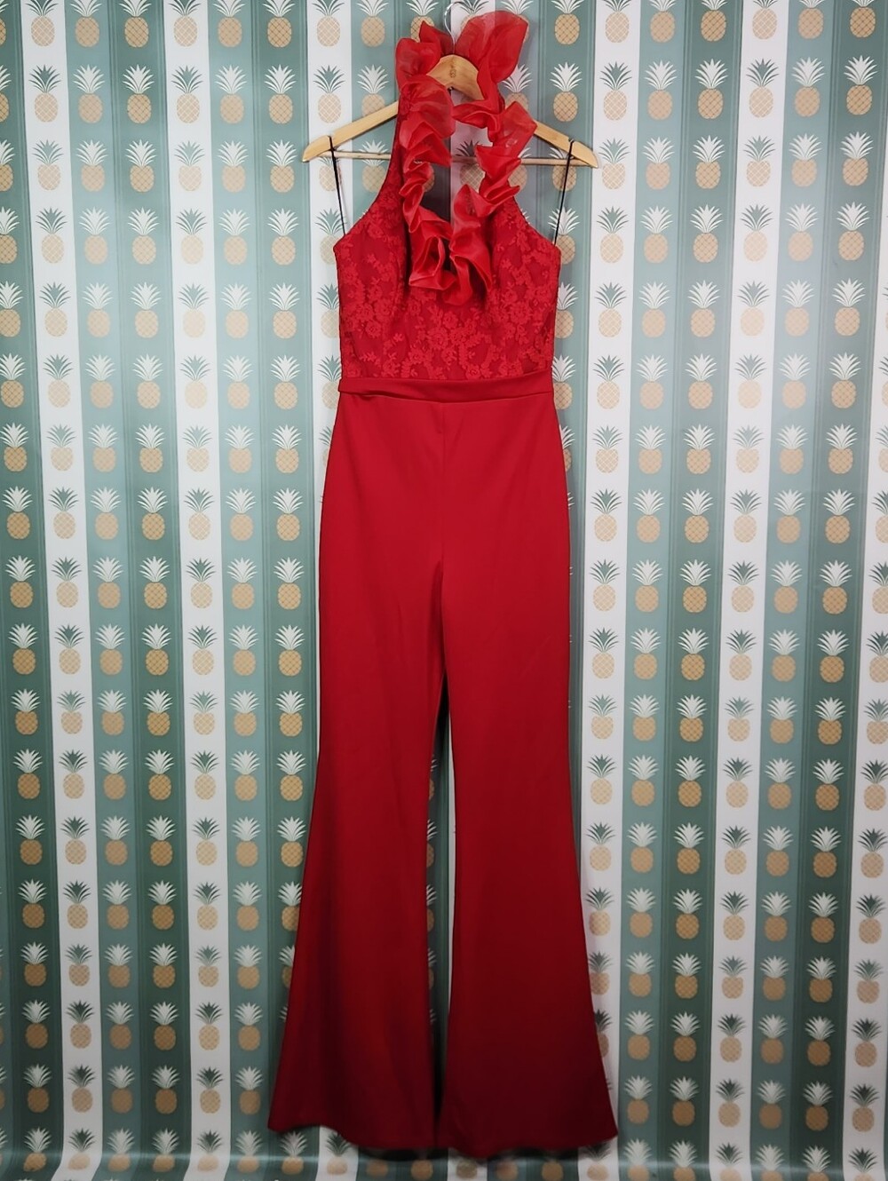 Fernando Wong Red Ruffle Halter Lace Jumpsuit